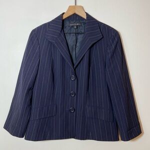 LAFAYETTE 148 Blue Striped BLAZER Size 14 wool blend Button Front 3/4 Sleeve